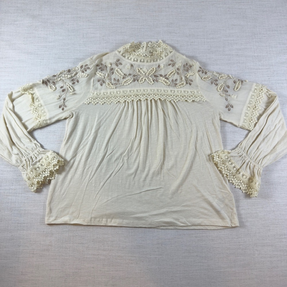 Anthropologie Cream Embroidered Lace Crochet Boho Blouse Top Large